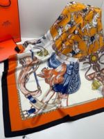 Платок шелковый HERMES 14112410 оранжевый с белым