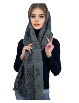 Шарф палантин брендовый LV из шерсти и шелка серый 311026