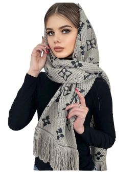 Шарф палантин брендовый LV из шерсти и шелка серый 311023