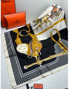 Шелковый платок HERMES черный желтый белый 04082518