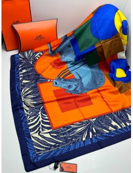 Шелковый платок HERMES синий оранжевый 04082515