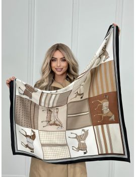 Шелковый платок HERMES бежевый коричневый с лошадью 20072508