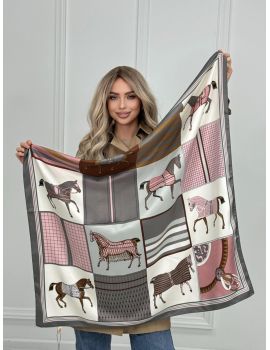 Шелковый платок HERMES серый розовый с лошадью 20072509