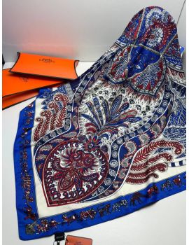 Шелковый платок HERMES синий белый 04082522
