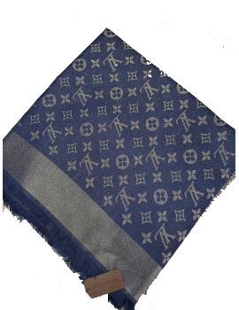 Платок брендовый шерстяной темный синий с серебром 12022402