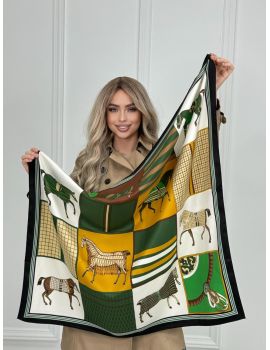 Шелковый платок HERMES зеленый с лошадью 20072507
