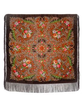 Платок с павловопосадским узором коричневый 120х120