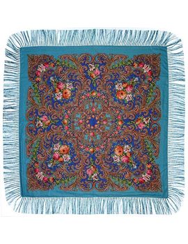 Платок с павловопосадским узором голубой 120х120