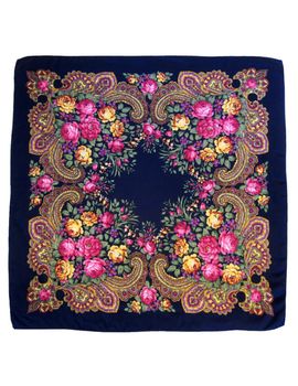Платок 9024 с павловопосадским узором 90х90 синий