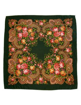 Платок 9026 с павловопосадским узором 90х90 зеленый