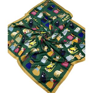 Платок шёлковый 1802209 с кошками зеленый