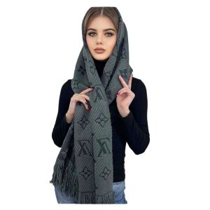 Шарф палантин брендовый LV из шерсти и шелка серый 311026