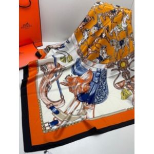 Платок шелковый HERMES 14112410 оранжевый с белым