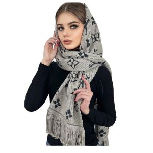 Шарф палантин брендовый LV из шерсти и шелка серый 311023