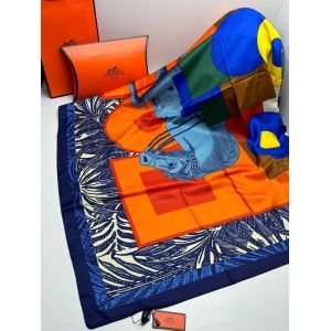 Шелковый платок HERMES синий оранжевый 04082515