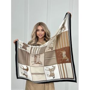 Шелковый платок HERMES бежевый коричневый с лошадью 20072508