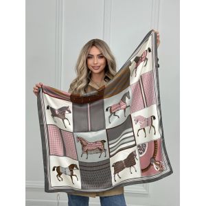 Шелковый платок HERMES серый розовый с лошадью 20072509