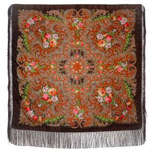 Платок с павловопосадским узором коричневый 120х120