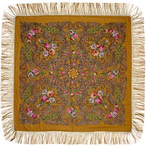 Платок с павловопосадским узором желтый 120х120