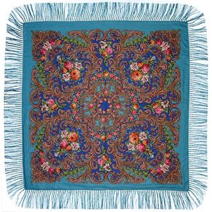 Платок с павловопосадским узором голубой 120х120