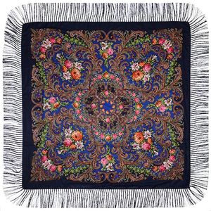 Платок с павловопосадским узором темно-синий 120х120