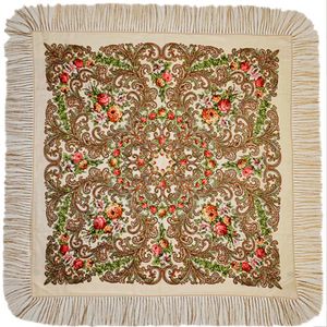 Платок с павловопосадским узором 9021 сливочный 120х120