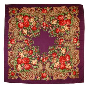 Платок с павловопосадским узором 90х90 фиолетовый