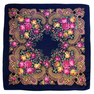 Платок 9024 с павловопосадским узором 90х90 синий