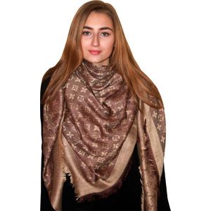 Платок брендовый шерстяной  коричнево-бежевый, 1134