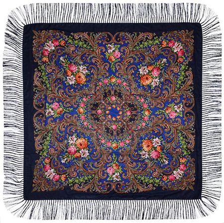 Платок с павловопосадским узором темно-синий 120х120