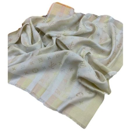 Платок брендовый из шелка и шерсти бежевый с люрексом 151122