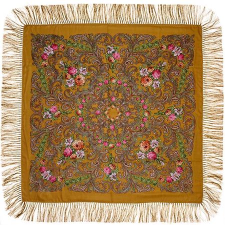 Платок с павловопосадским узором желтый 120х120 Платок с павловопосадским узором желтый 120х120
