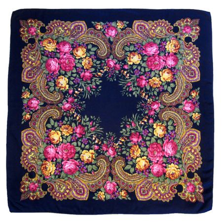 Платок 9024 с павловопосадским узором 90х90 синий