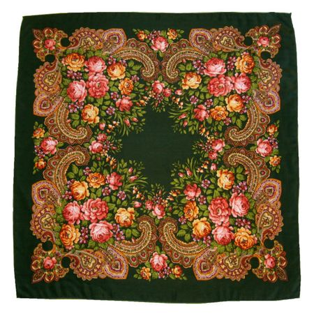 Платок 9026 с павловопосадским узором 90х90 зеленый