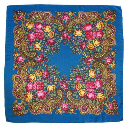Платок 9027 с павловопосадским узором 90х90 бирюзовый Платок 9027 с павловопосадским узором 90х90 бирюзовый