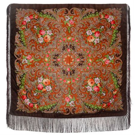 Платок с павловопосадским узором коричневый 120х120
