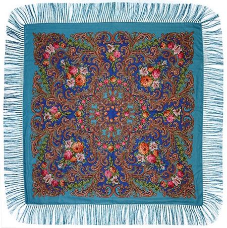 Платок с павловопосадским узором голубой 120х120