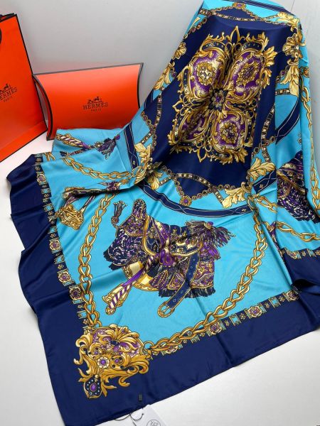 Шелковый платок женский HERMES голубой 05022407