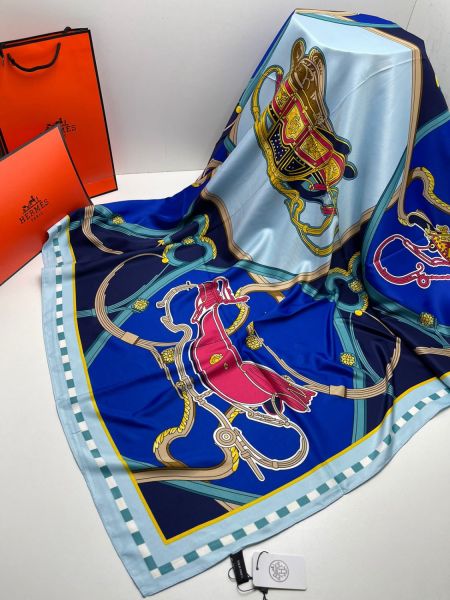 Шелковый платок женский HERMES синий 05022403