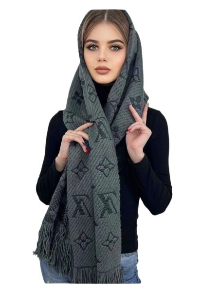 Шарф палантин брендовый LV из шерсти и шелка серый 311026