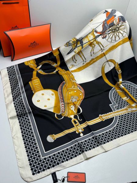 Шелковый платок HERMES черный желтый белый 04082518