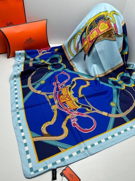 Шелковый платок HERMES голубой синий 04082516