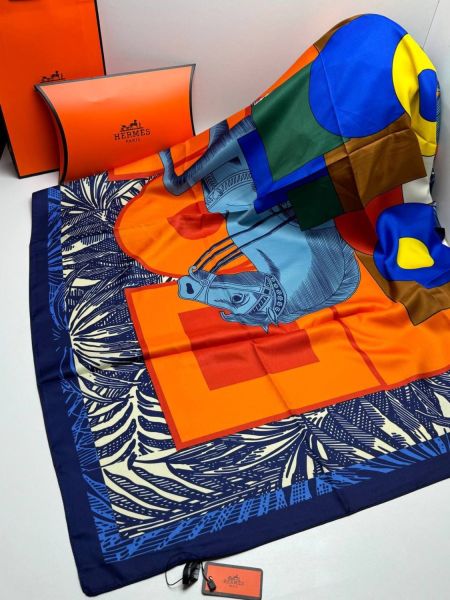 Шелковый платок HERMES синий оранжевый 04082515