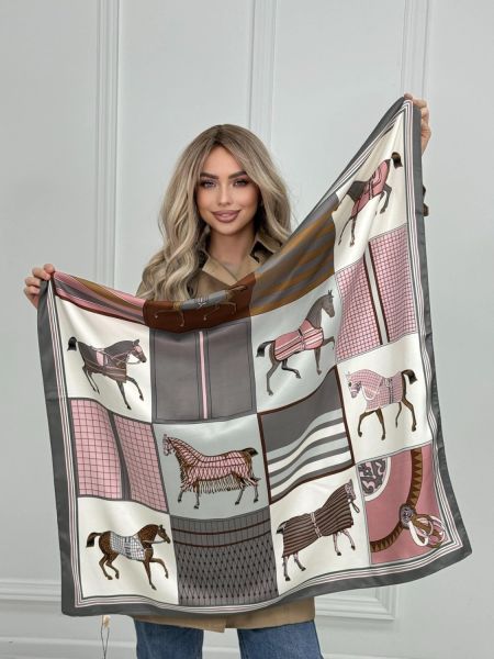 Шелковый платок HERMES серый розовый с лошадью 20072509