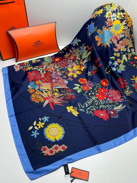 Шелковый платок HERMES синий 04082000