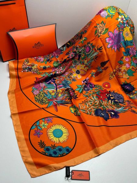 Шелковый платок HERMES оранжевый 04082002