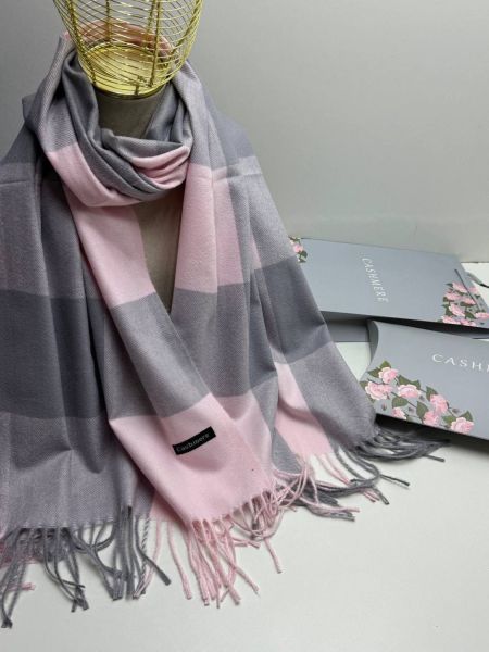 Палантин женский  в крупную клетку серый с розовым 04112504