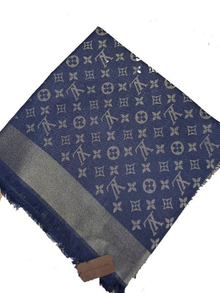 Платок брендовый шерстяной темный синий с серебром 06112504