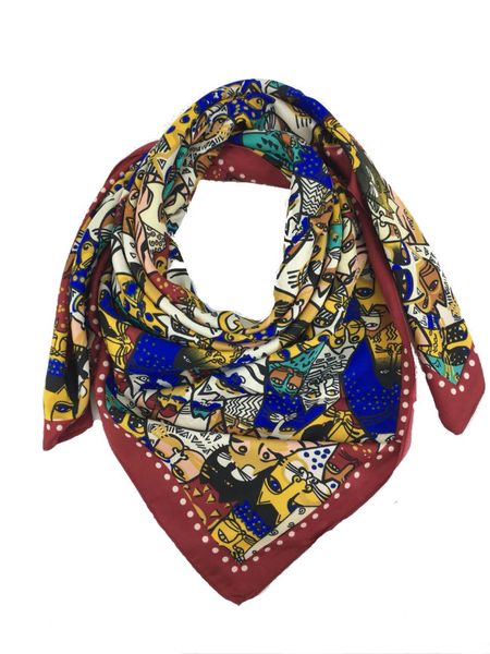 Платок женский шёлковый M0019 кошки бордовый